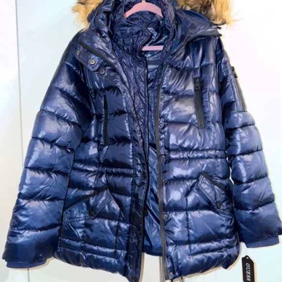 NWT Guess Puffer Jacket, metallic blue, size 10/12 - Picture 1 of 3